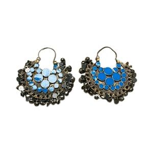Blue and Silver Filigree Hoop Earrings